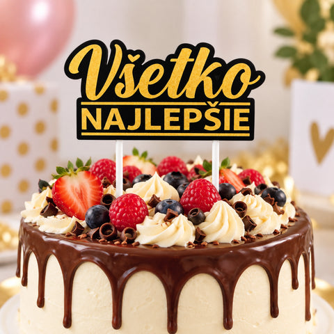 Narozeninový čokoládový dort s ovocem a slovenským nápisem Všetko najlepšie CTOP-14.
