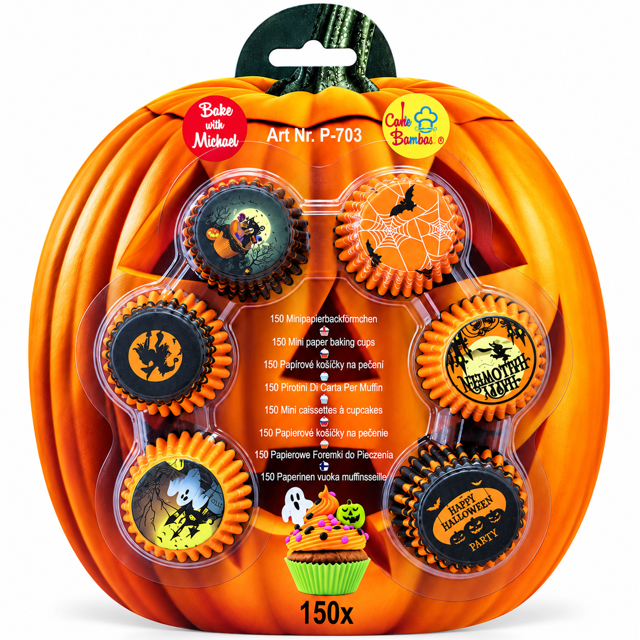 P-703 | Papírové košíčky na pralinky a mini cupcakes – 150 ks (6x25), 3 cm, tepelně odolné do 220 °C, 6 HALLOWEEN designů